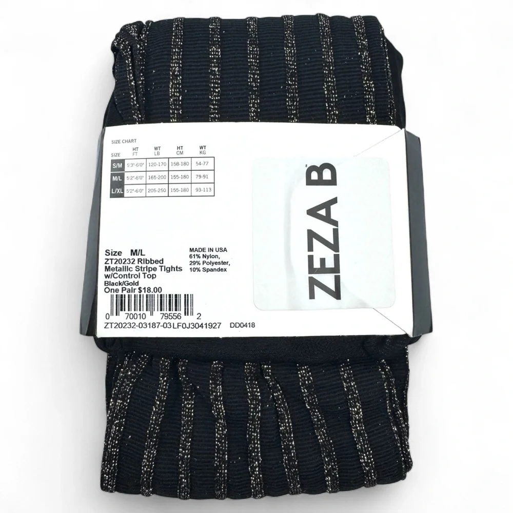 Zeza B Womens Control Top‎ Tights Black with Metallic Gold Stripes Size M/L